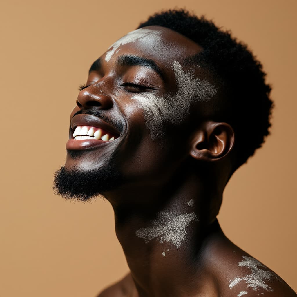 AI generated: protrait de profil, homme afro américain androgine, avec un grand sourire, avec tes taches de depigm...