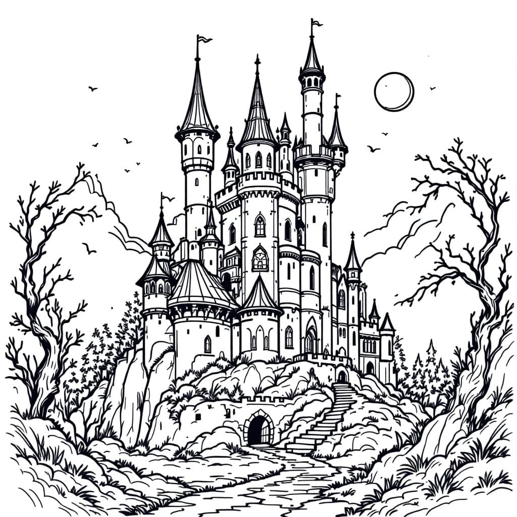 AI generated: Image with black lines on a white background, illustrating a fantasy castle suited for coloring in. ...