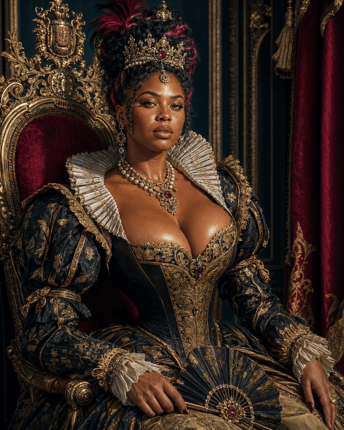 AI generated: Regal Renaissance-inspired court portrait, seated ruler in an ornate gilded throne chair, upright co...