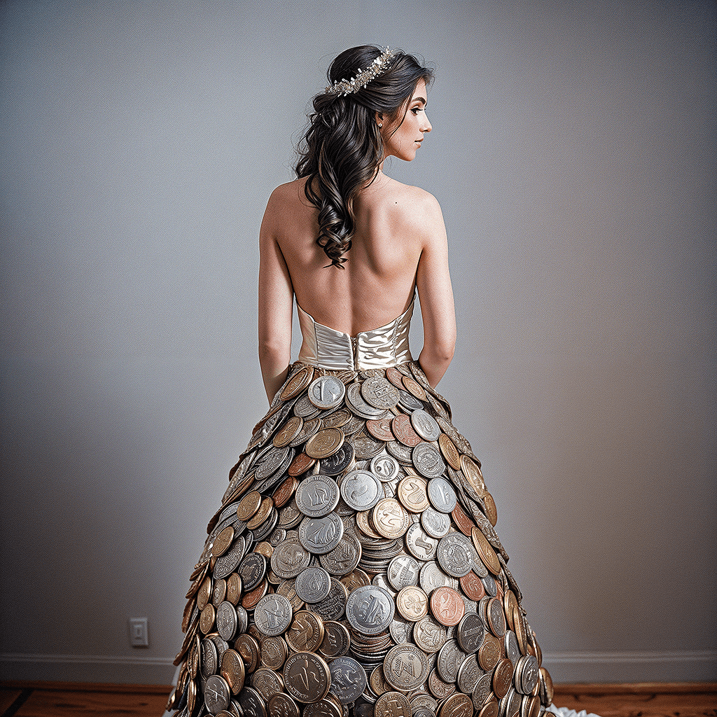 AI generated: back side angle photo of a bride wearing a dress made of coins quarters