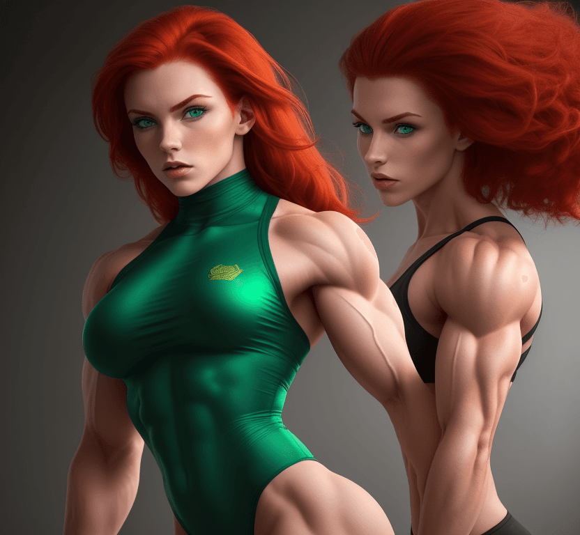 AI generated: 1 young beautiful bodybuilder woman with a wide strong jaw, red hair, green eyes, SFW,