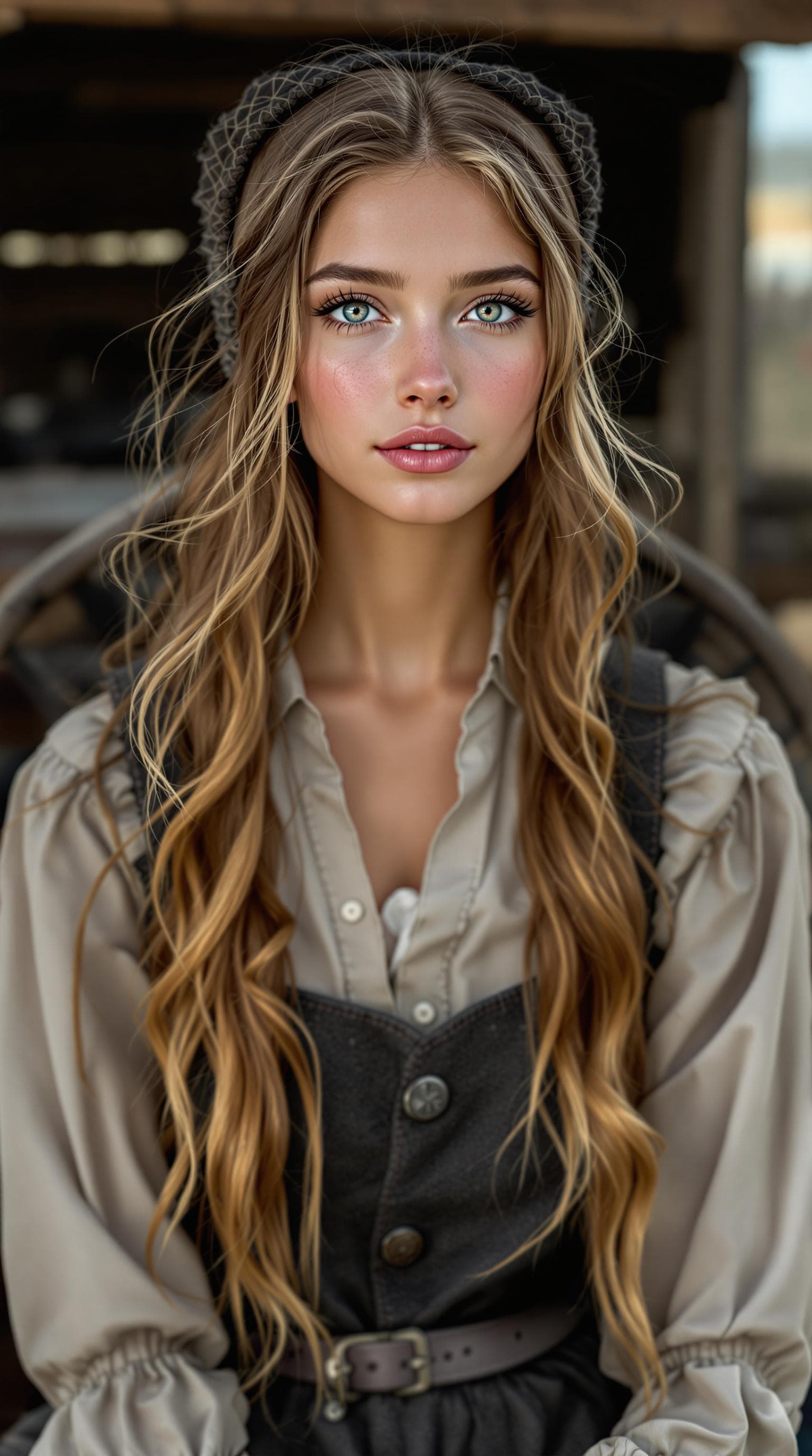 AI generated: A professional photograph capturing an extraordinarily beautiful Amish girl, rendered with exception...