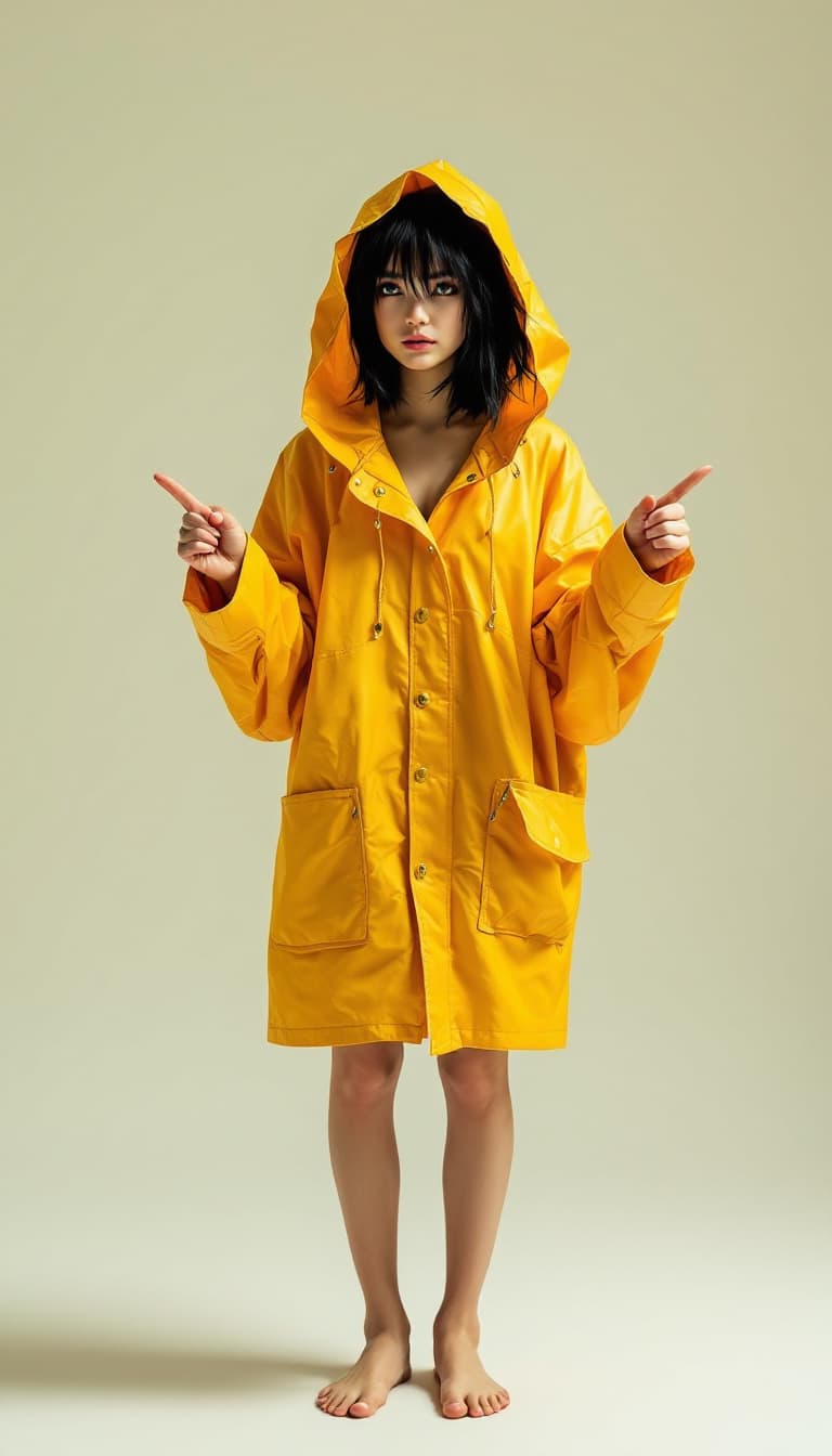 AI generated: full body view of a mysterious 18 year old woman, with messy black hair cut into a bob and long bang...