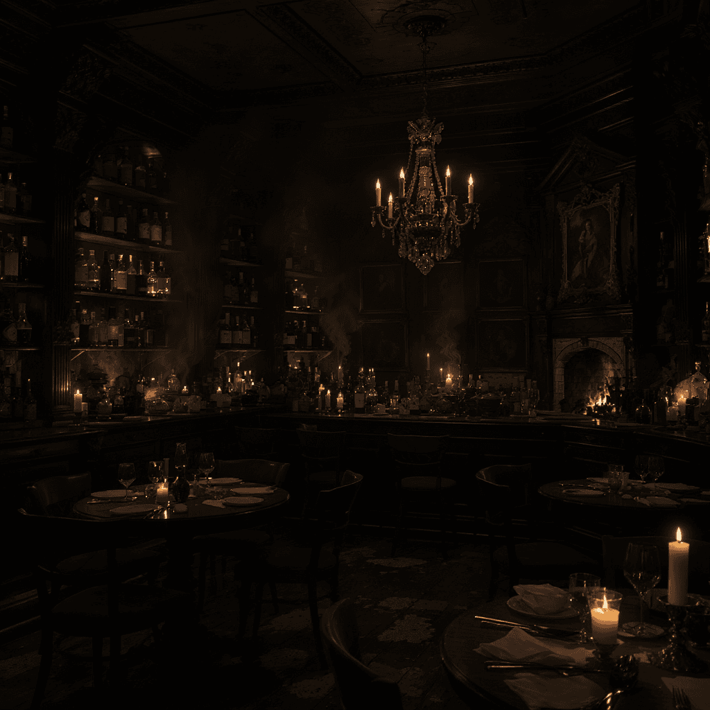 AI generated: Un bar victoriano sombrío y decadente, iluminado solo por velas y faroles de gas. Estanterías de mad...