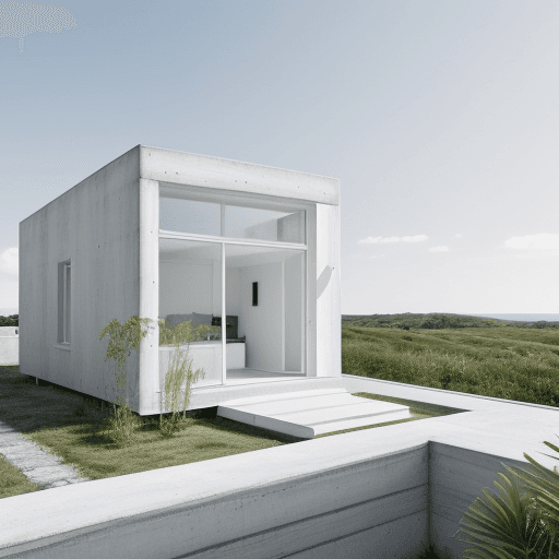 AI generated: modern house, small house , create a minimalist design, concrete white , high and wide windows , sum...