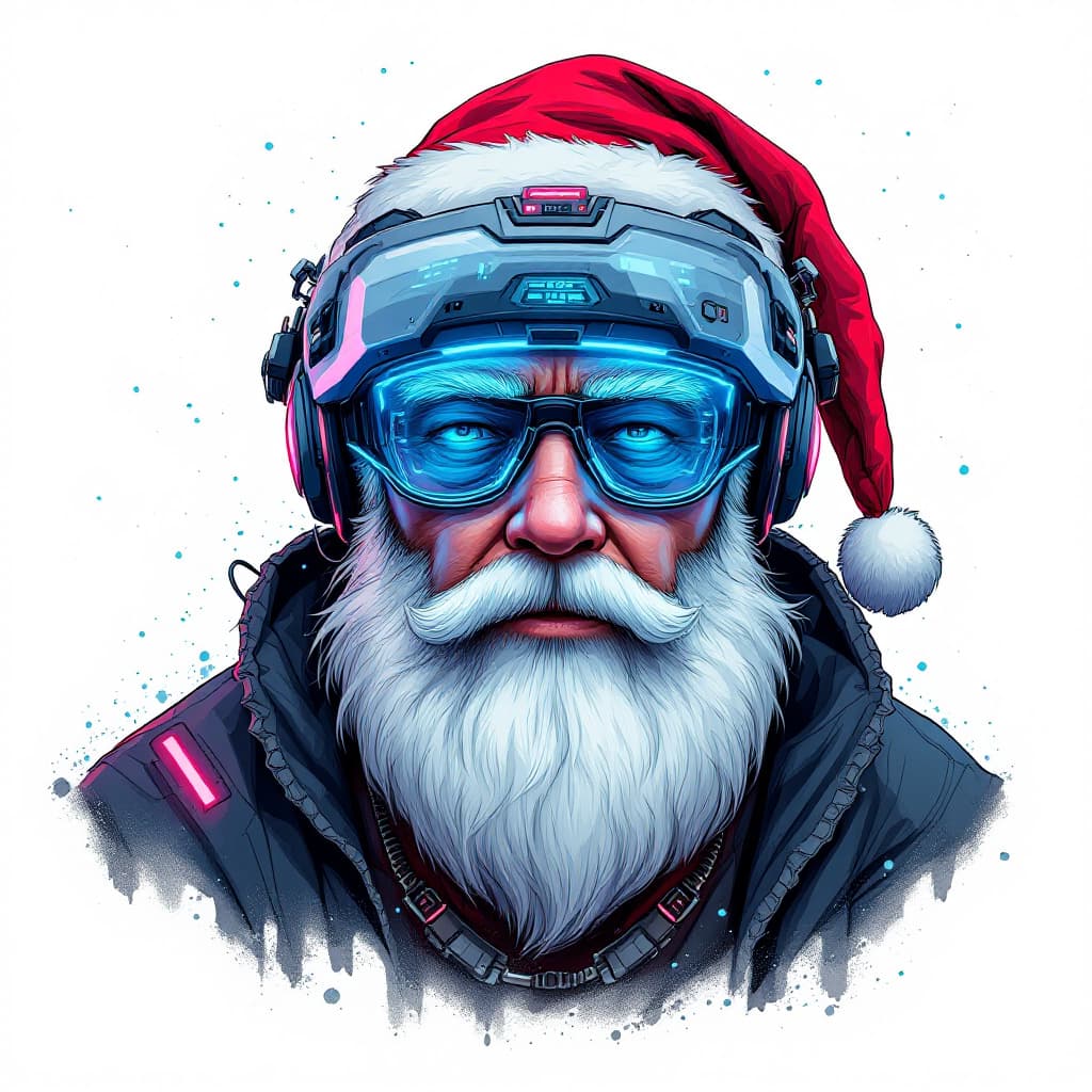 AI generated: A stylized portrait of Santa Claus, presented in a futuristic, cyber-punk design.  The character is ...