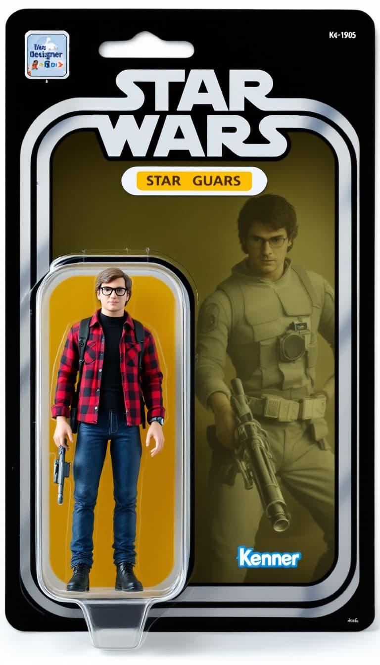 AI generated: A photo-realistic action figure packaged in a vintage 1980s Kenner Star Wars blister card. The figur...