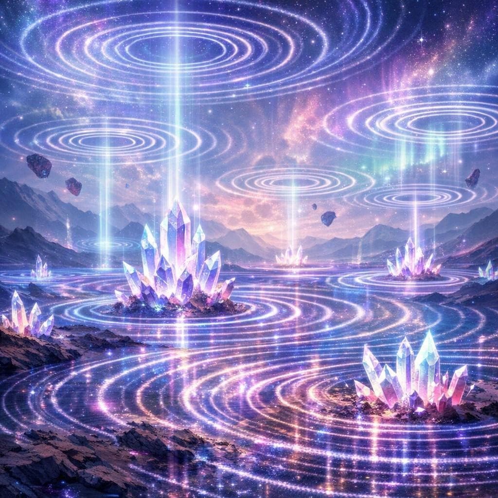 AI generated: Create a unique environment/Biome of a Vibrations → The Resonance Fields (air and ground constantly ...
