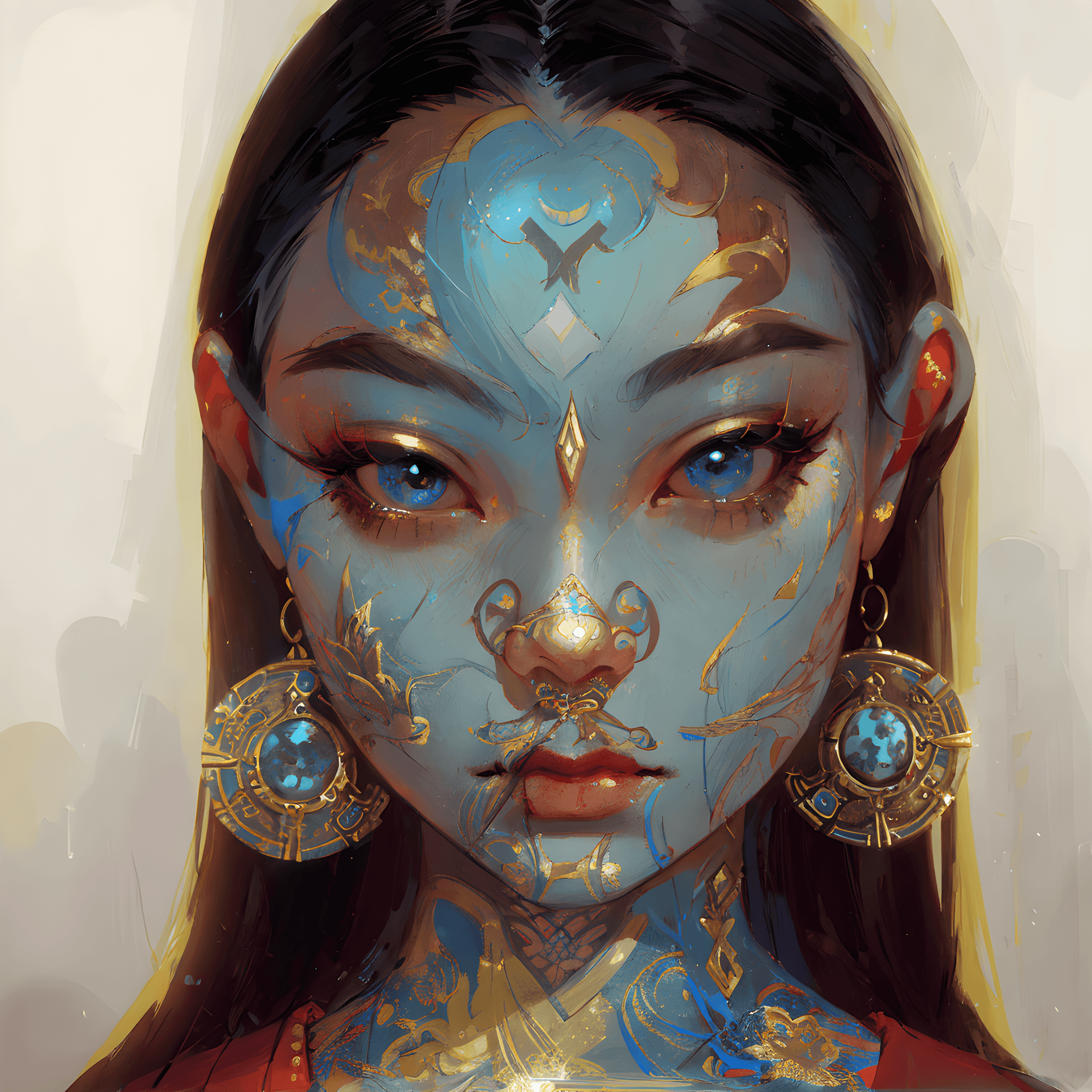 AI generated: a painting of a woman with blue paint on her face, a digital painting, inspired by Yanjun Cheng, fan...