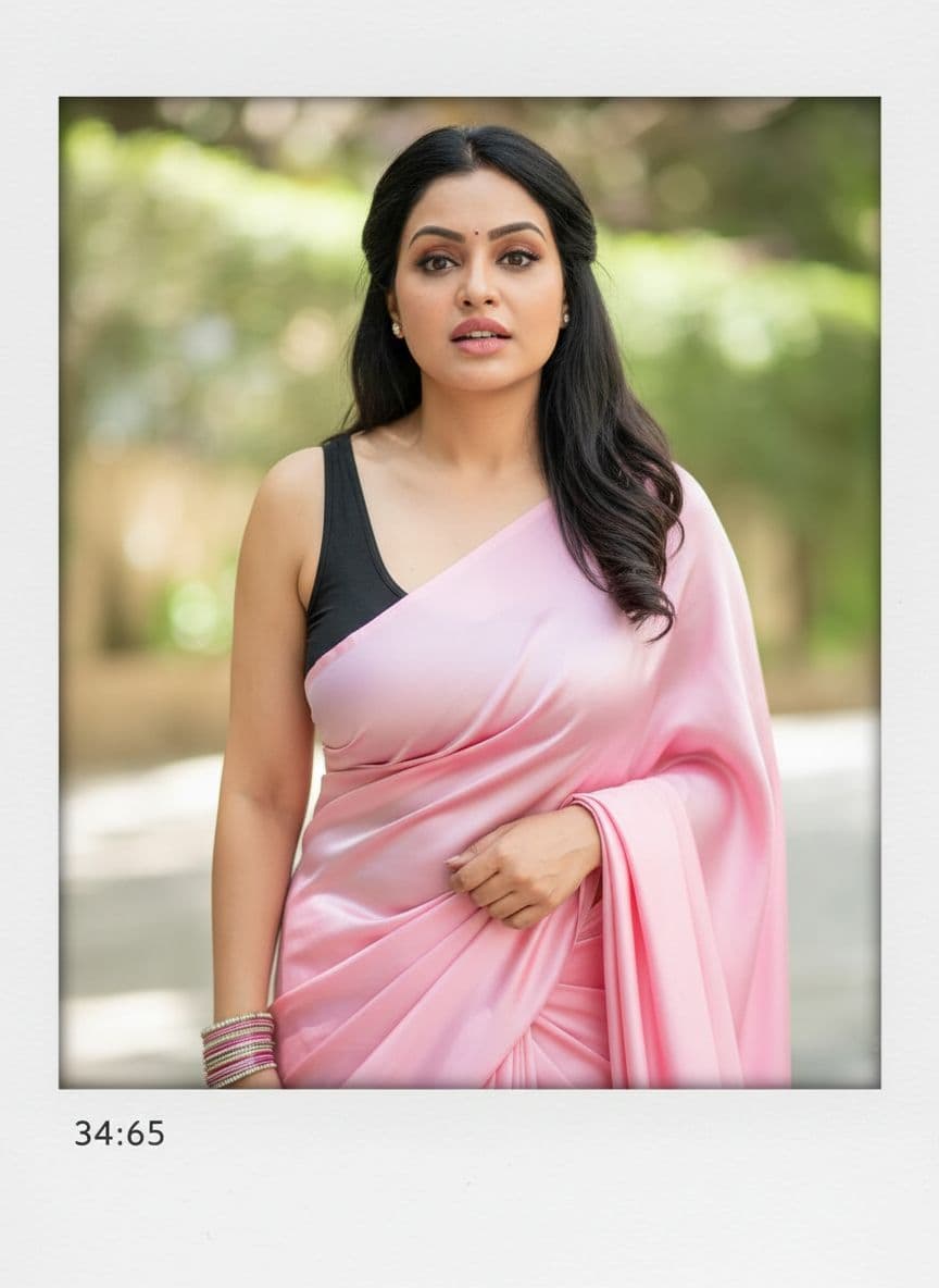 AI generated: Turn the subject biting her lip, brown hair, Indian hair style, baby pink satin saree, inhaled chest...
