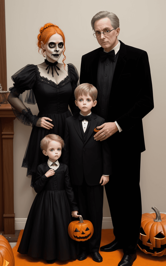 AI generated: A family in Halloween style: mother and father of the same height, son