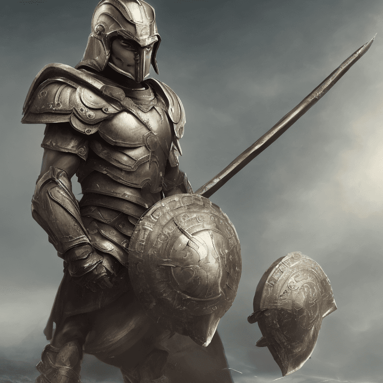 AI generated: Hero with a spartan helmet,   asymmetrical spartan armor, highly detailed, , intricate legendary arm...