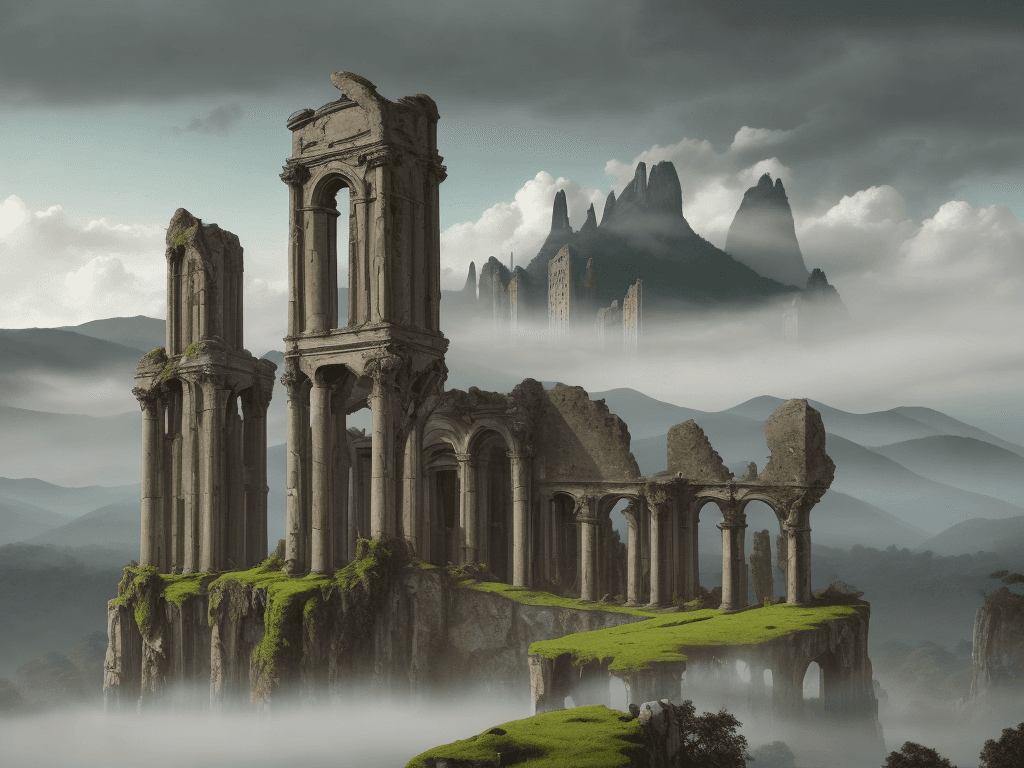 AI generated: a breathtaking portrait of a background image that is a sweeping landscape of ancient ruins, with to...