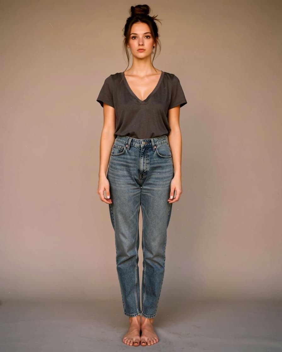 AI generated: A hyper-realistic, ultra-detailed full-body front-view depiction of Keeley Hazell with no expression...