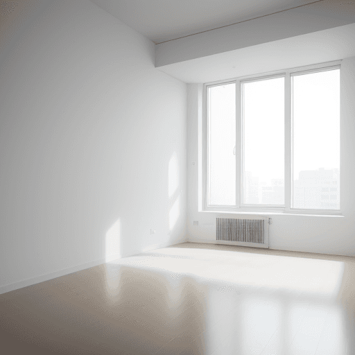 AI generated: Photo of a ultra realistic one-room apartment, bright, unfurnished, white, minimalist, natural light...