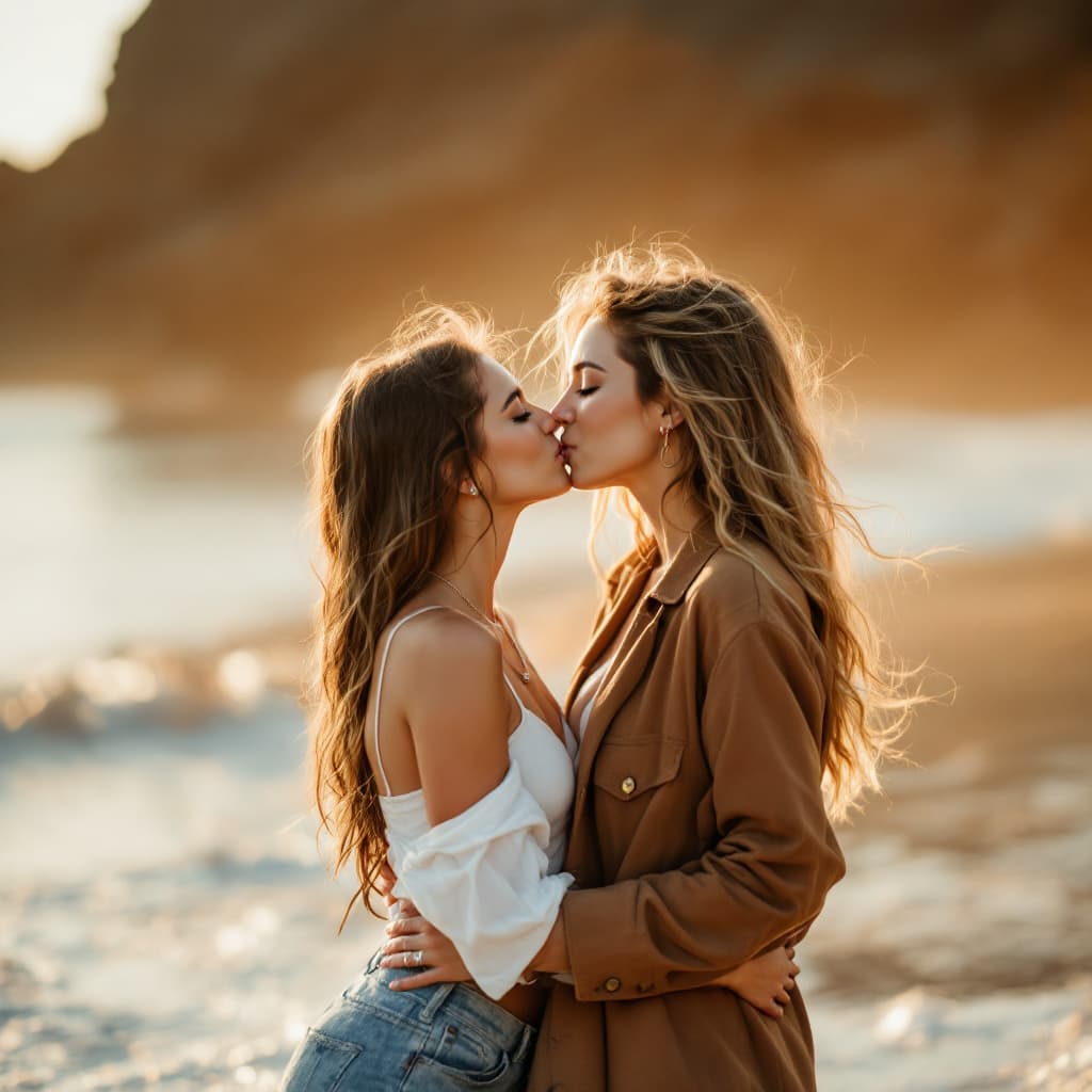 AI generated: two nice women in beach kiss together.