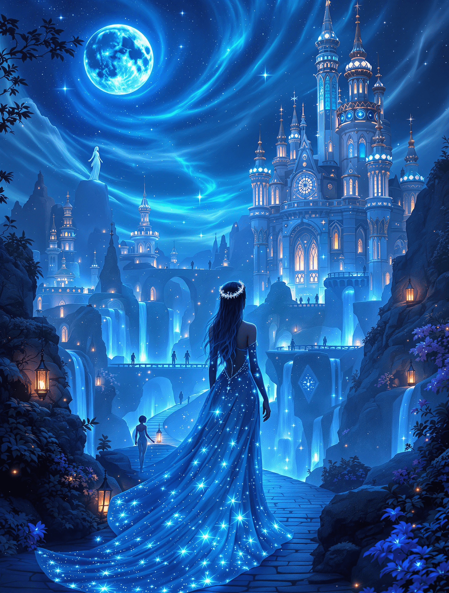 AI generated: A mesmerizing, enchanted woman stands at the heart of a majestic, magical kingdom, bathed in the rad...