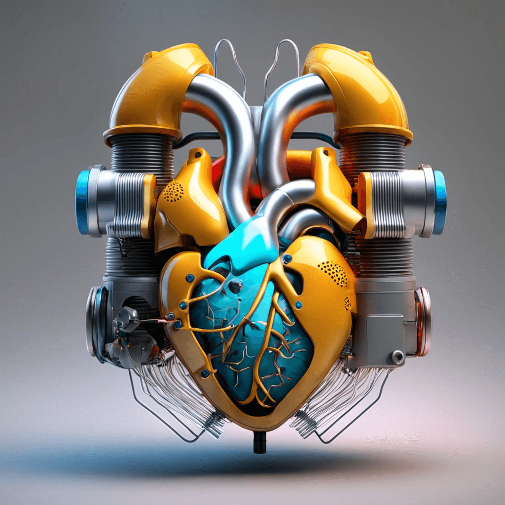 AI generated: Artificial heart, wires, tubes, hive, hyper realistic, 8k, hyper detailed, sparks, glow, vibrant col...