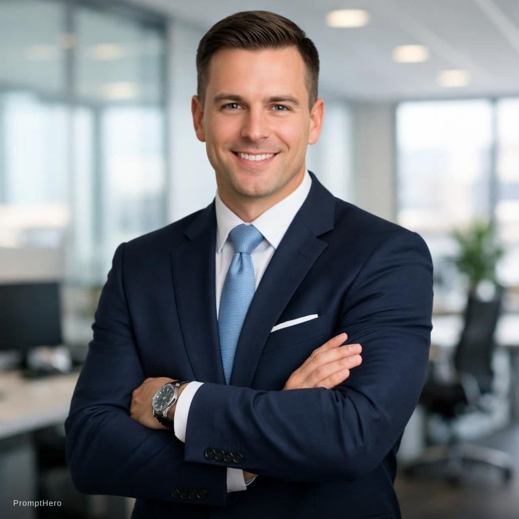 AI generated: clean shaven business man posing against office background