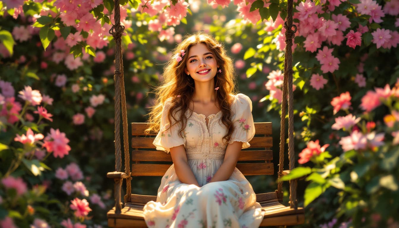 AI generated:  Girl sitting on a wooden swing in a vibrant clematis-filled walled garden, surrounded by lush summe...