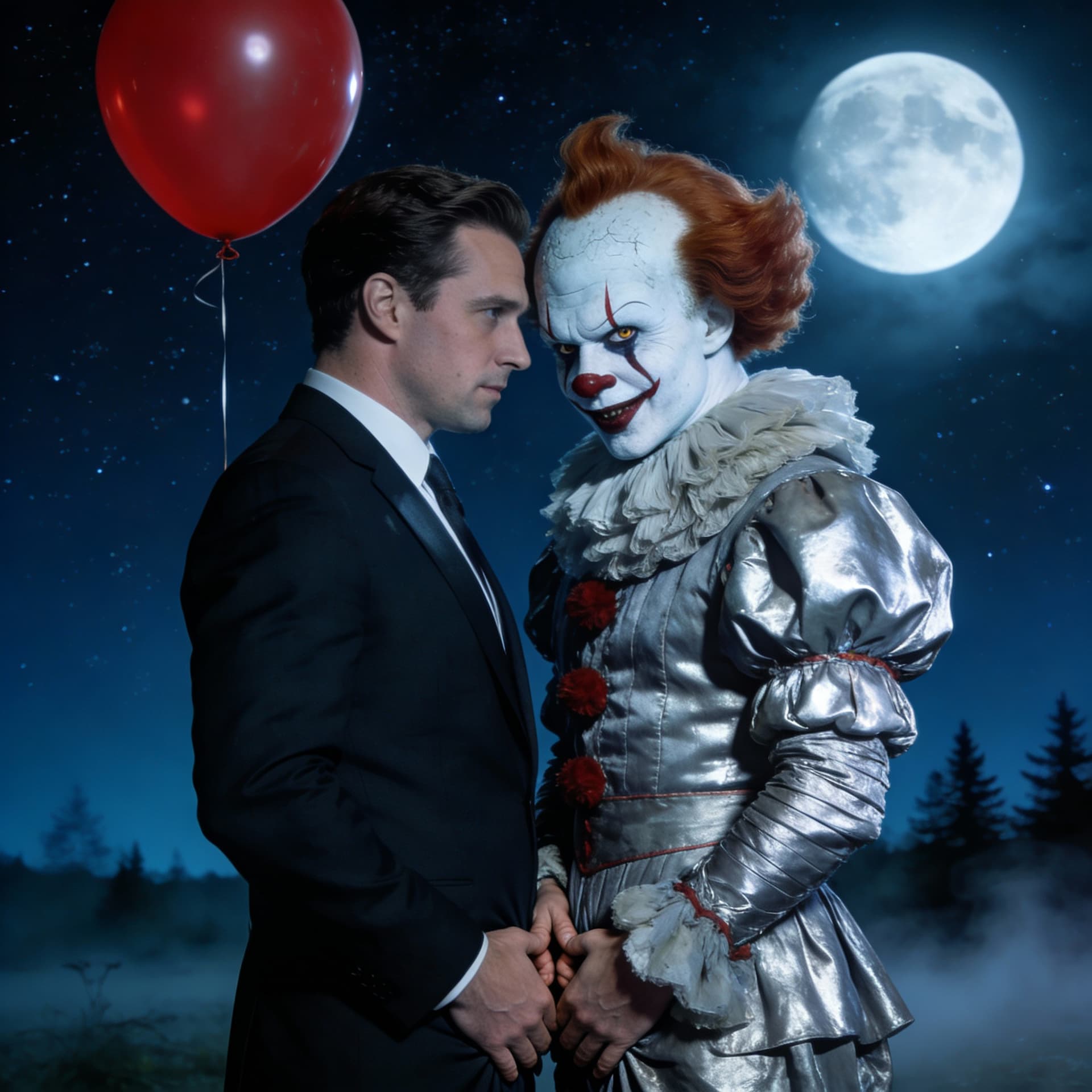 AI generated: pennywise and charlie kirk touching eachothers special place under the moonlight