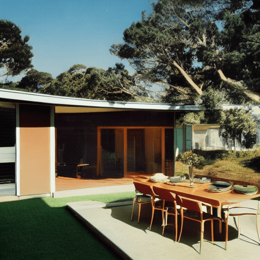 AI generated: Hyper realistic eye level exterior photo of a mid century modern style house overlooking the ocean, ...