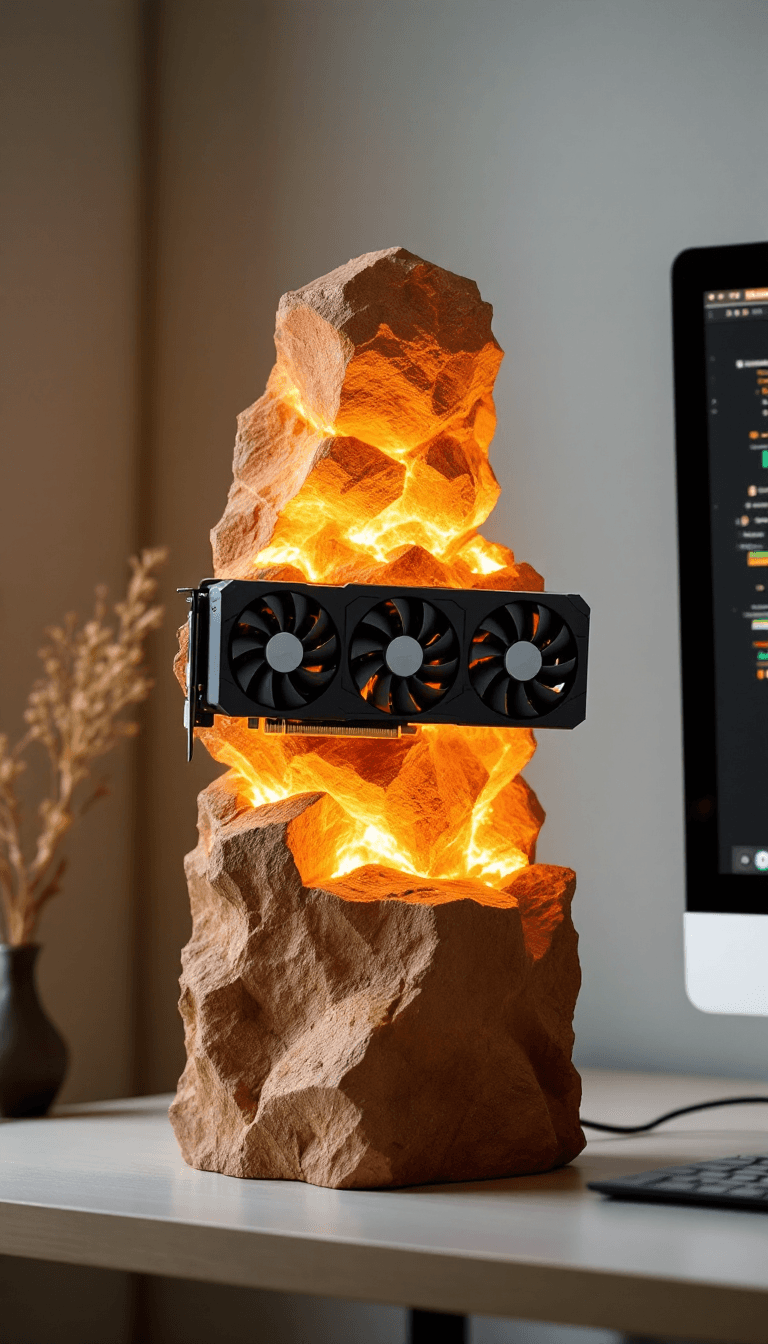 AI generated: Photograph of a simplistic coal statue of a GPU card for a computer, next to a desktop computer on a...