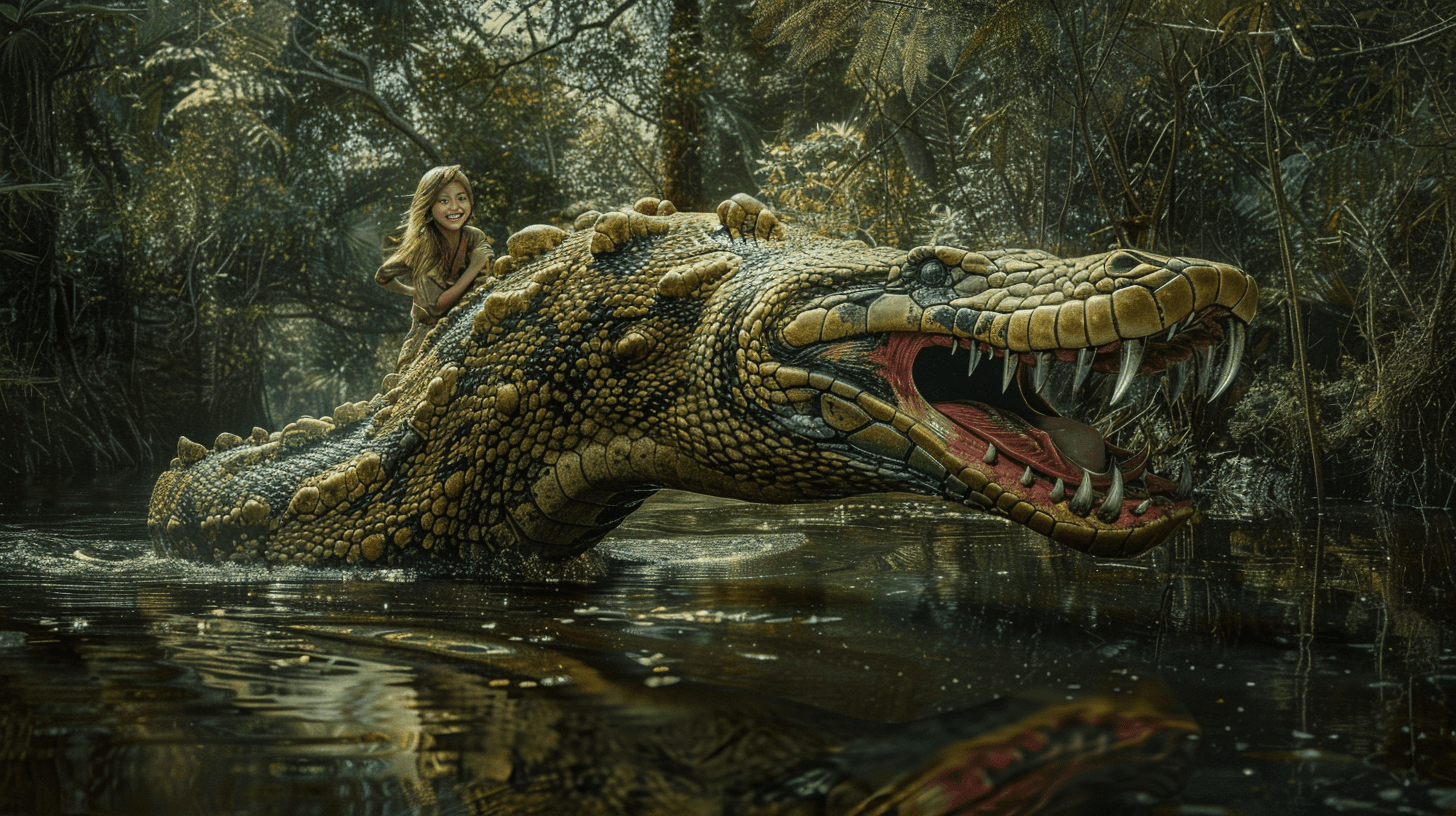 AI generated: a jungle scene where a Amazon girl is riding one a giant anconda snake with big teeths - jungle scen...