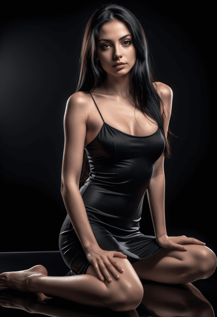 AI generated: (3/4 shot:1.2) professional photograph of a beautiful woman, long black hair, small perky breasts, s...