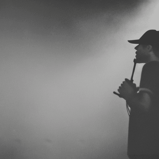 AI generated: black and white photography of rapper in baseball cap emerging from fog on stage during concert, sid...