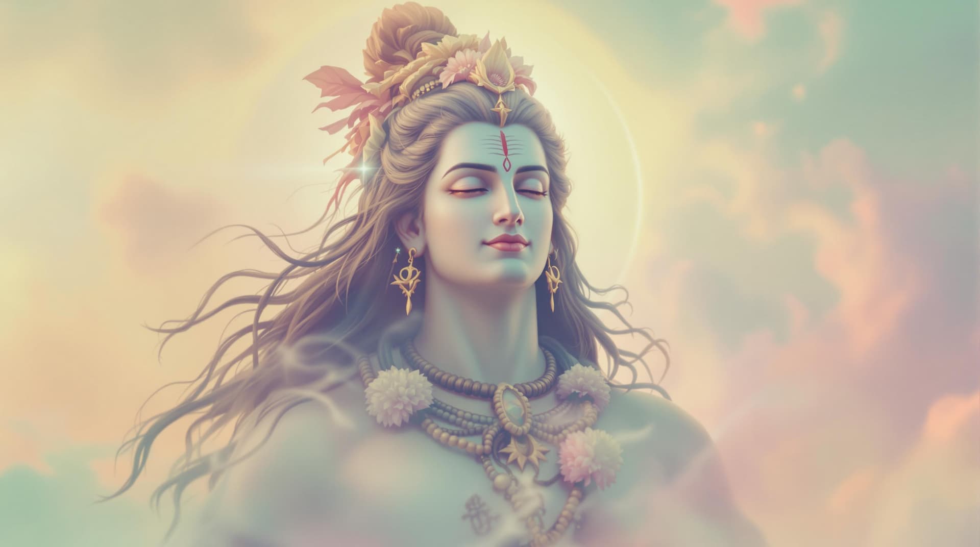 AI generated: "Generate an image of Lord Shiva with a glowing aura rendered in delicate pastel colors. His figure,...