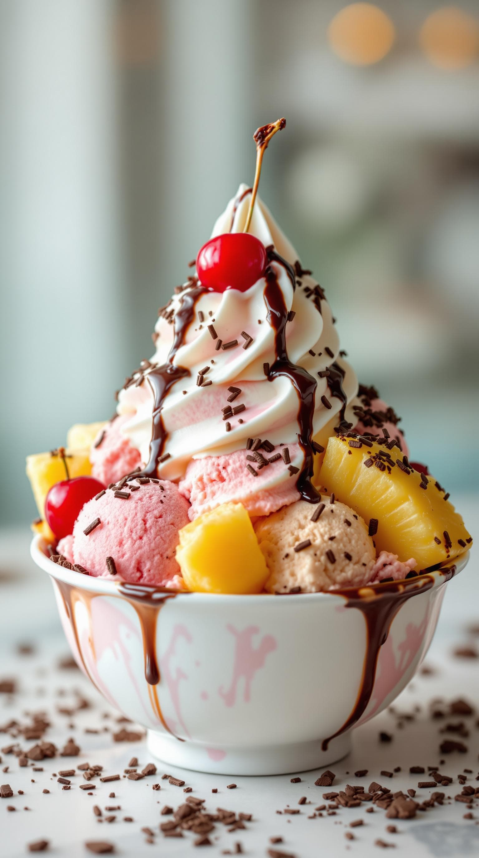 AI generated: bowl of delicious icecream, topped with cream, pineapple, cherries, sprinkeld with chocolate, hi glo...
