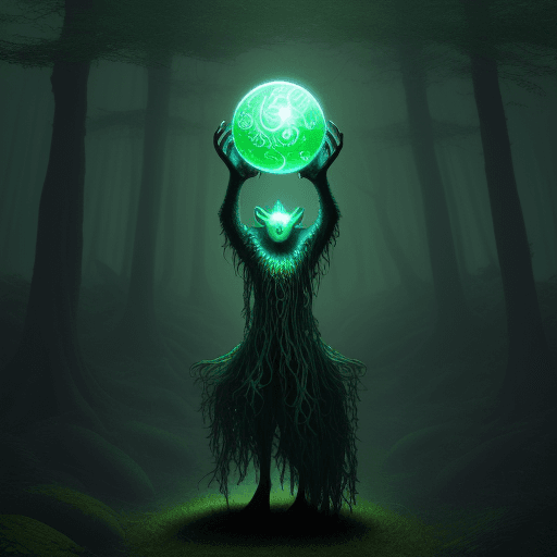 AI generated: A surreal forest guardian , holding a glowing orb --ar 9:16