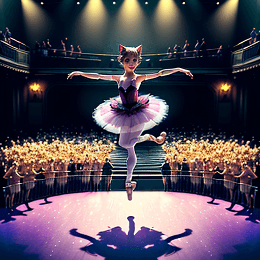 AI generated: portrait of a cute cat in a tutu, ballet dancing, dancing on stage middle of a dramatic jump, cheeri...