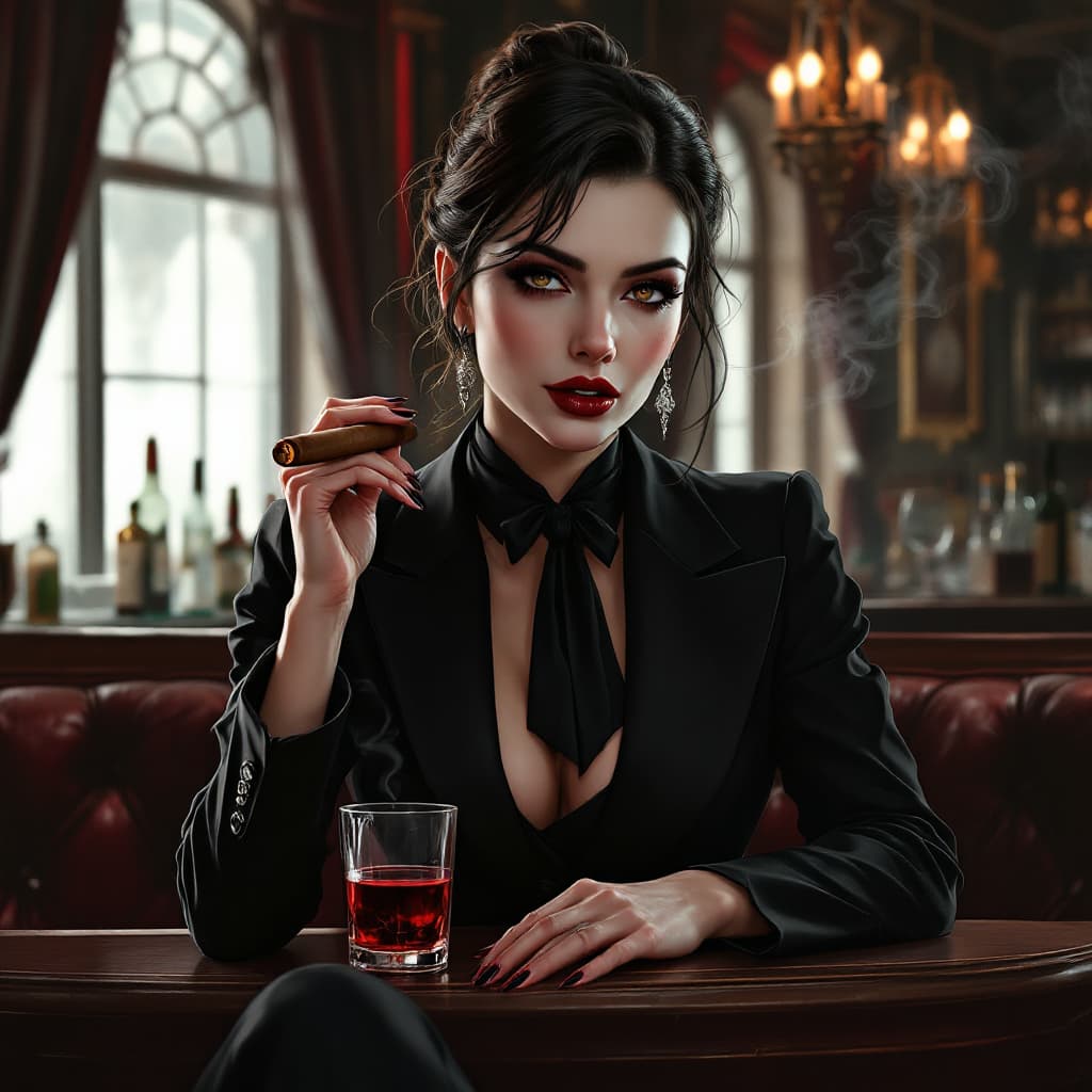 AI generated: In this mesmerizing illustration, portrait of a  Elegant female vampire , wear a business suit, ,She...