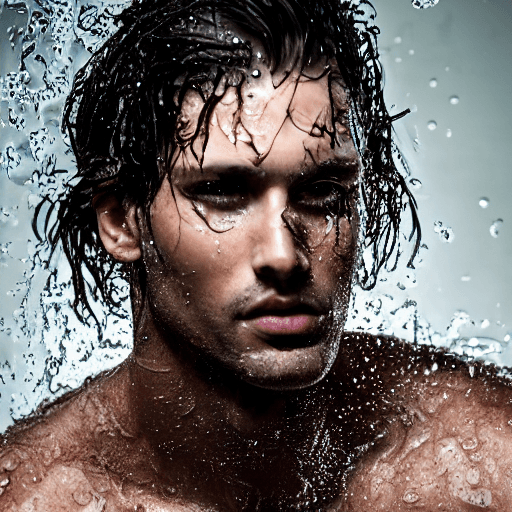 AI generated: Brunette man, wet brown hair, with splash of water hit over his face, serious, masculine, heroic, wi...
