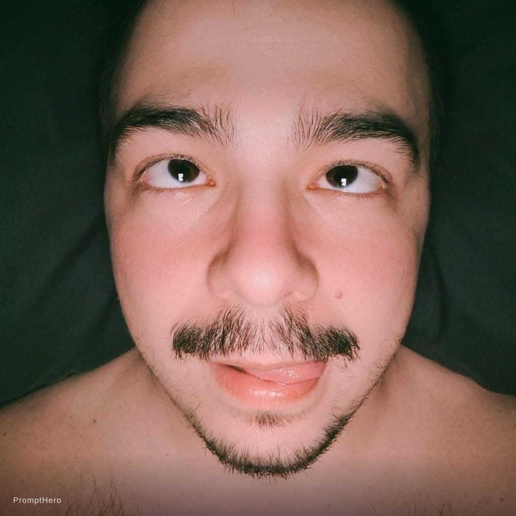 AI generated: Cute soft ahegao face with a bit of blush, crossed eyes, soft skin, trimmed mustach, cute boy, mouth...