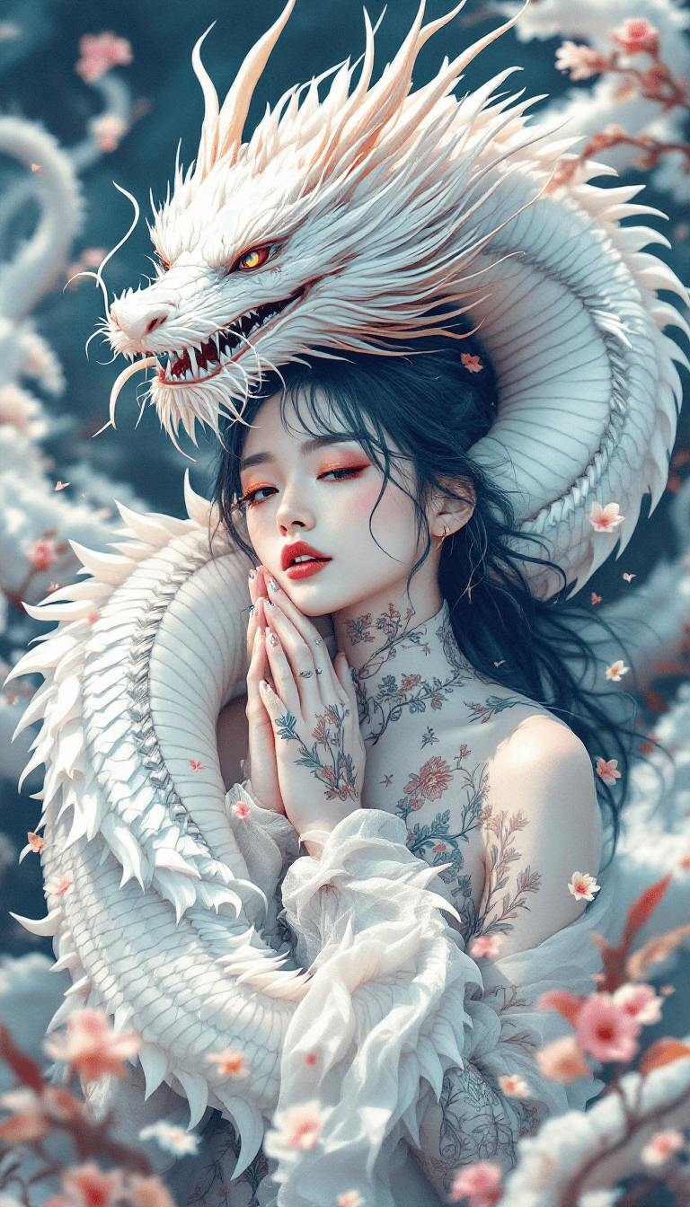 AI generated: Create a single whimsical illustration depicting the beautiful body of a white dragon, similar to a ...