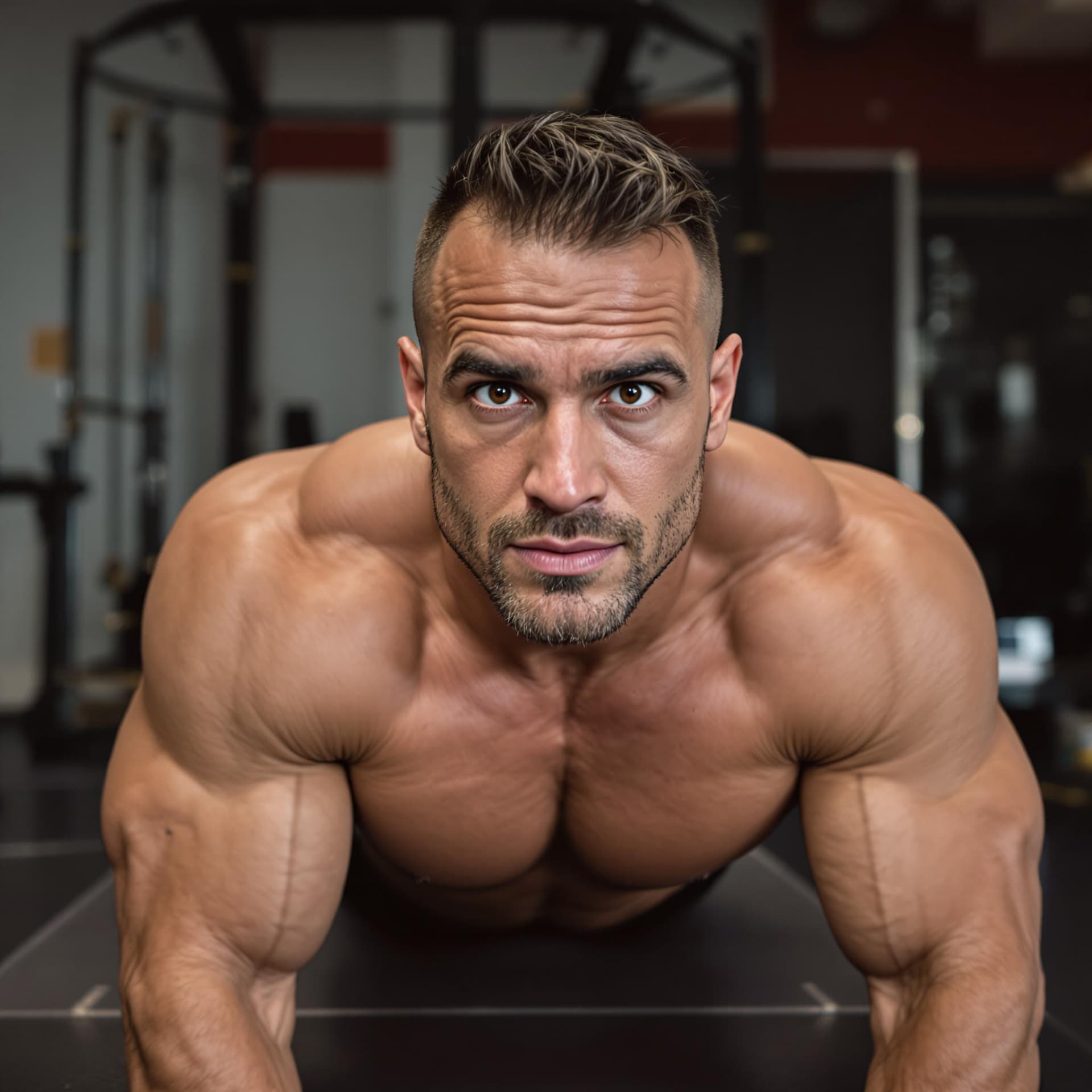 AI generated: bodybuilder doing push up exercise while looking at camera
