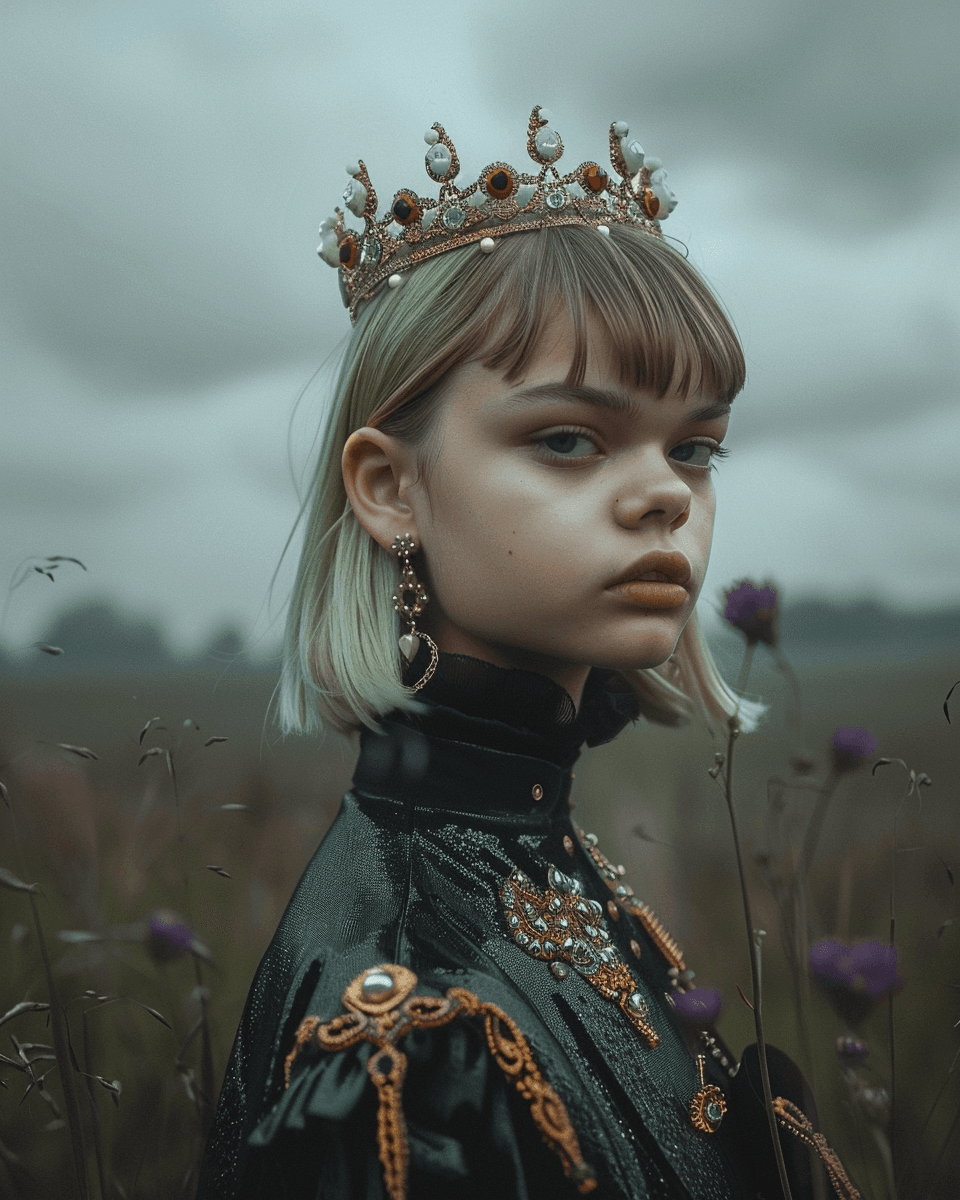 AI generated: She has blond straight hair. She is wearing gold and red diamonds crown. She is serious and a kinda ...