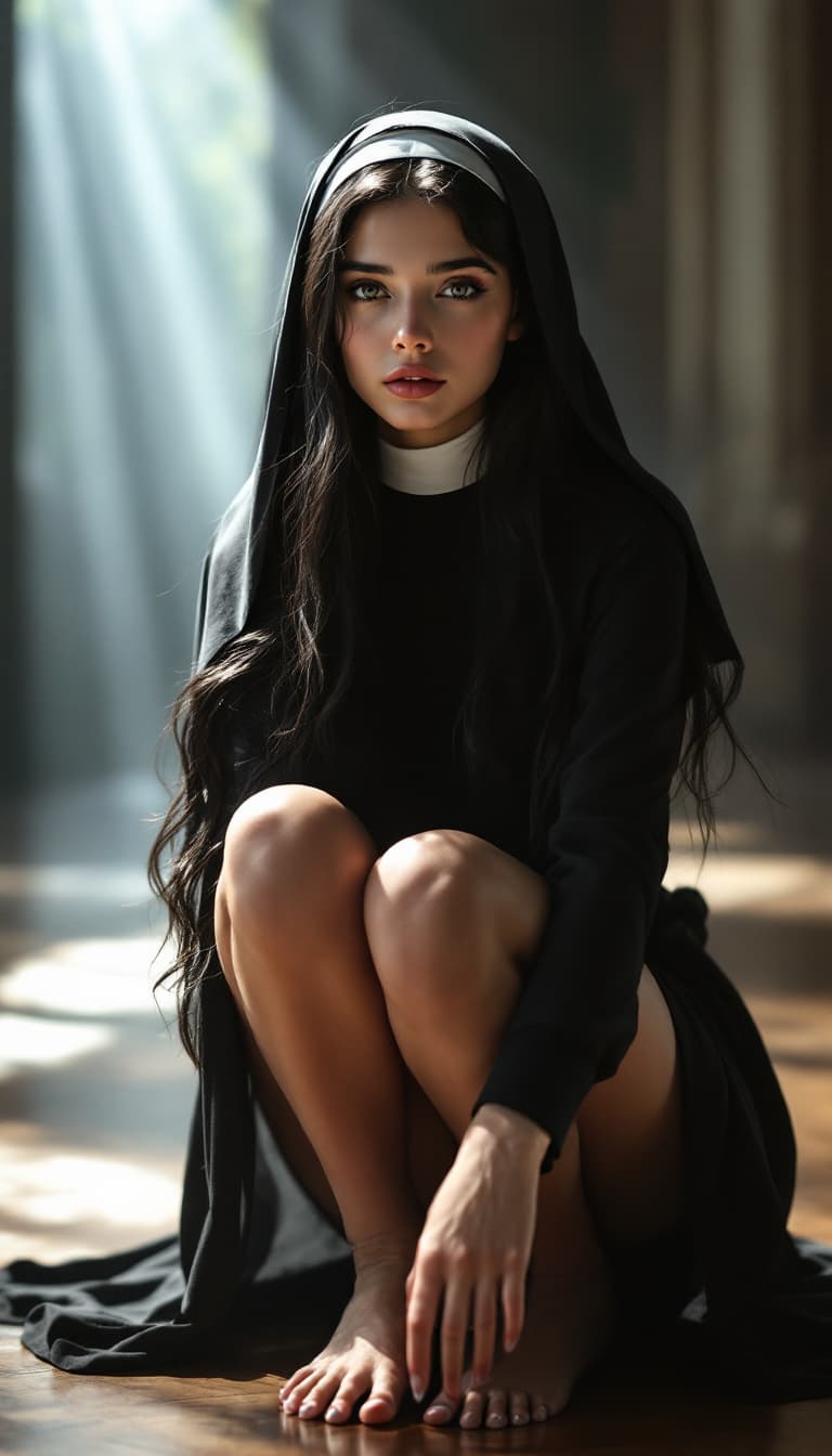AI generated: Hyper realistic full body view of beautiful 18yo nun, indigen Face, long legs, Long Black Hair, very...