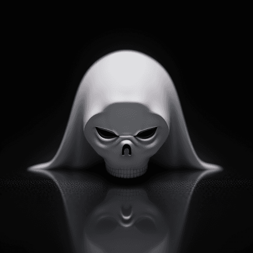 AI generated: macro shot, hyper-resolution photography, 80s ghost , solid black background, reflective floor, hype...