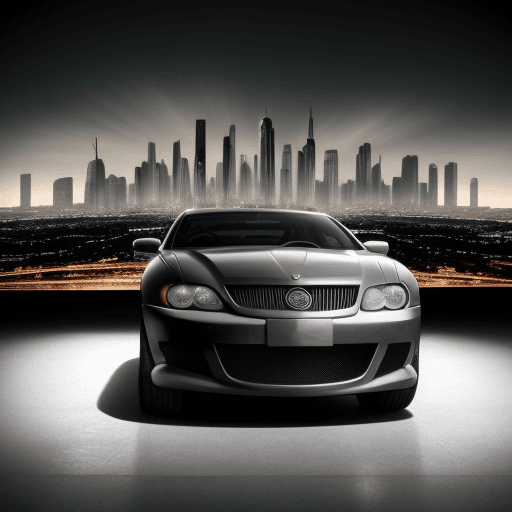 AI generated: take a picture of a car with a metropolis in the background