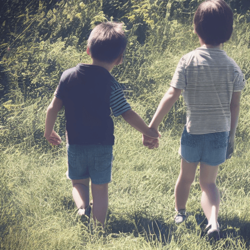 AI generated: boy and girl walking while they are holding their hands in a field. sunny day. from the back