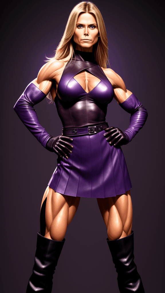 AI generated: Heidi klum as strong muscular woman, toned biceps, wears dark purple Leather skirt, dark purple Leat...