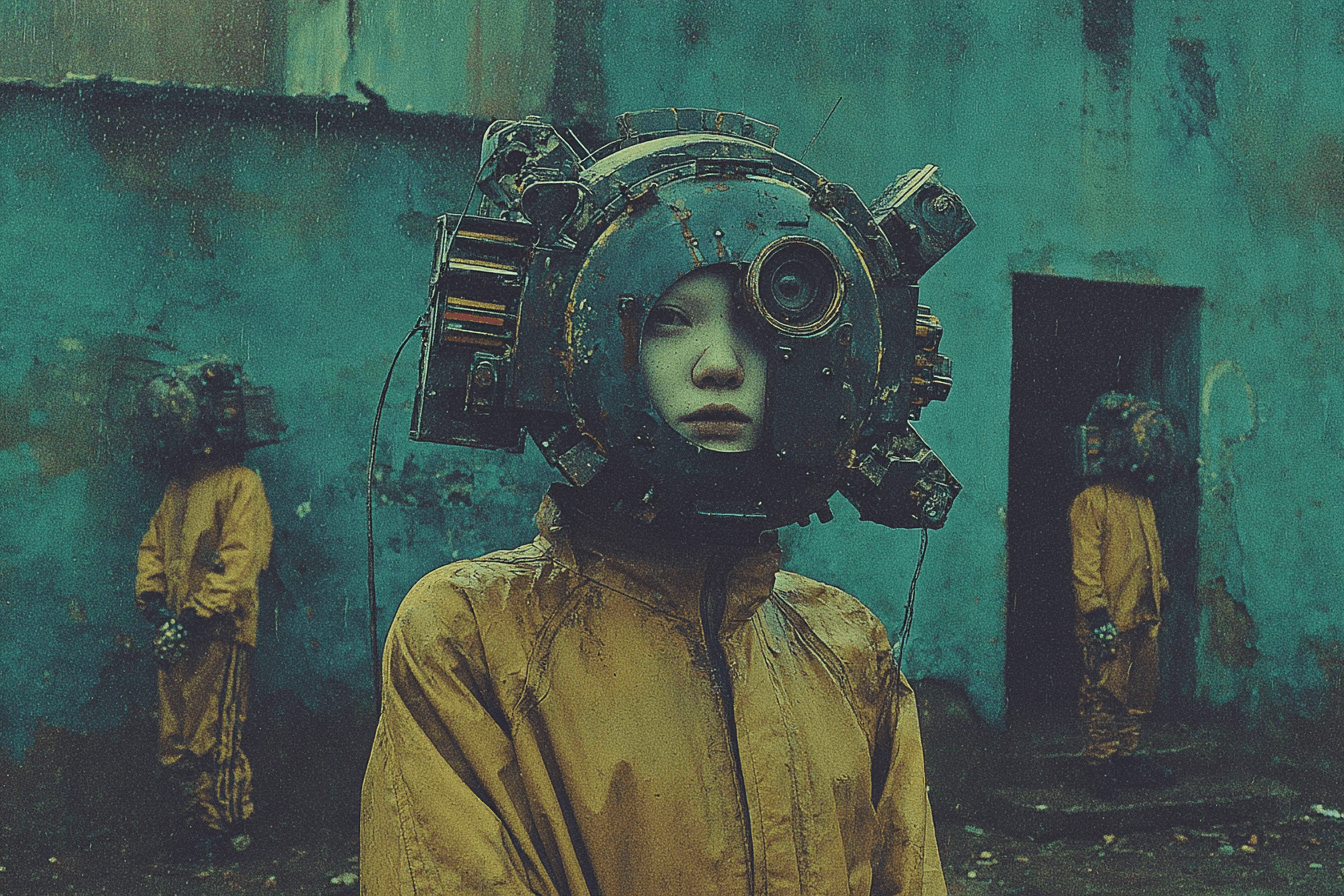 AI generated: cyberpunk, dystopian, surreal, impressionistic ; figure wearing a rusty, antiquated metal radio head...