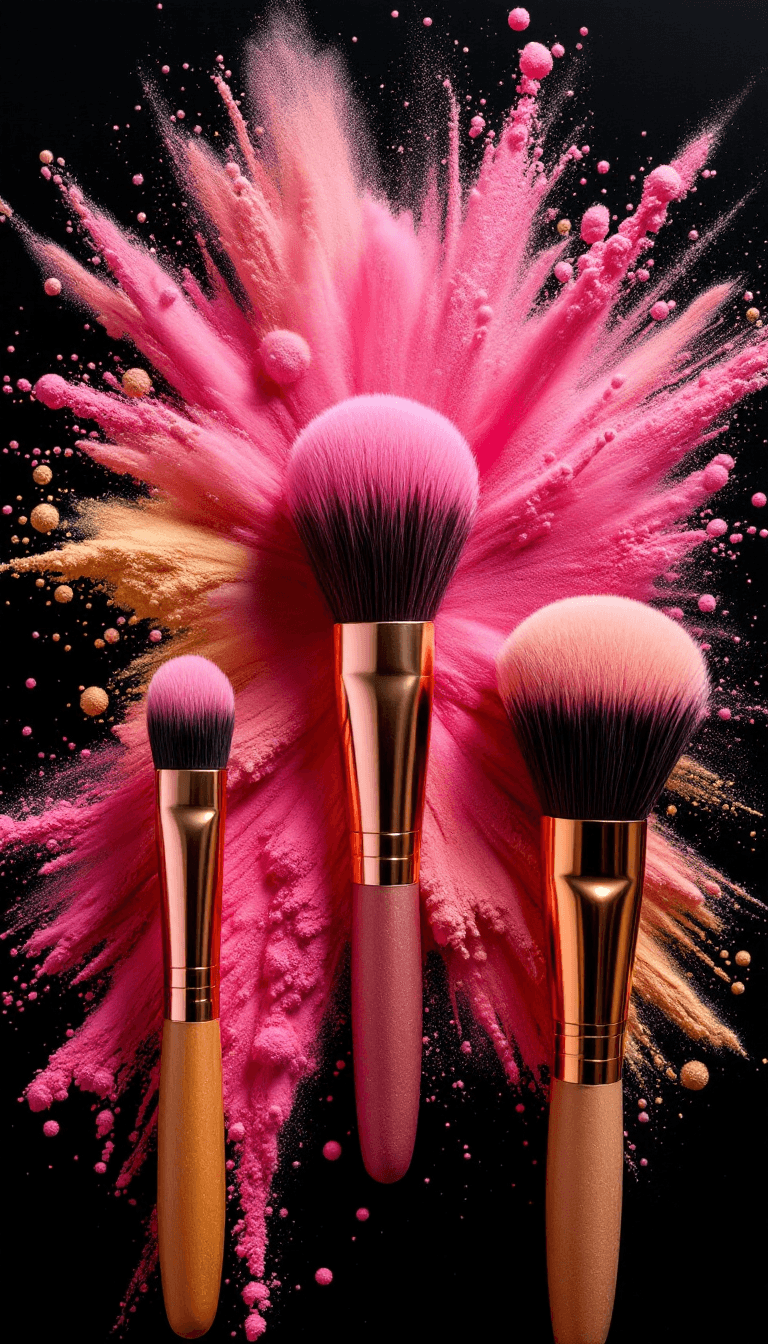AI generated: a photo of 3 big cosmetic brushes with a pink and golden powder explosion on a black background --ar...