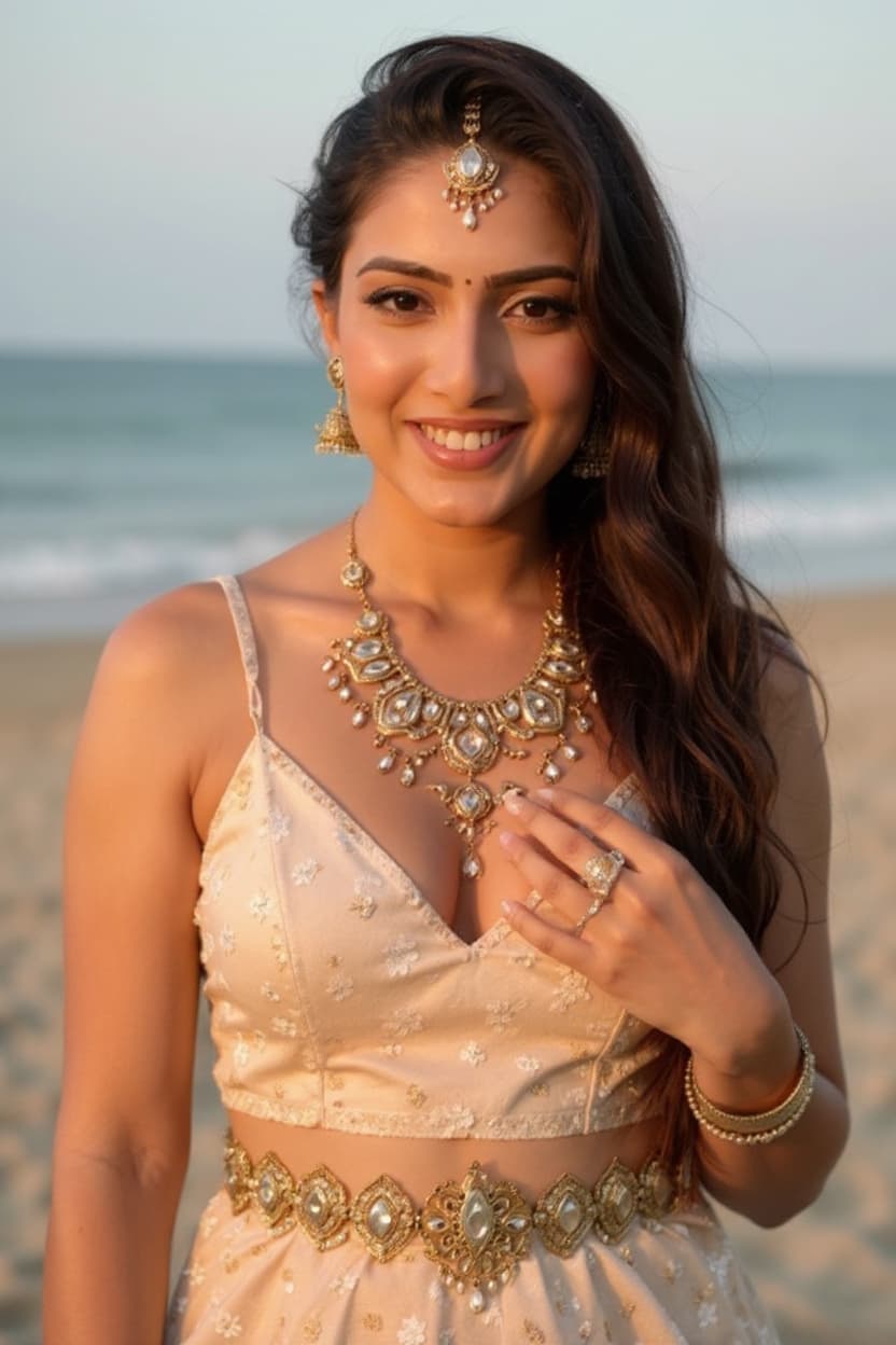 AI generated: Beach scene, serene , beachwear ,light material, wearing jewels, golden hour lighting 
