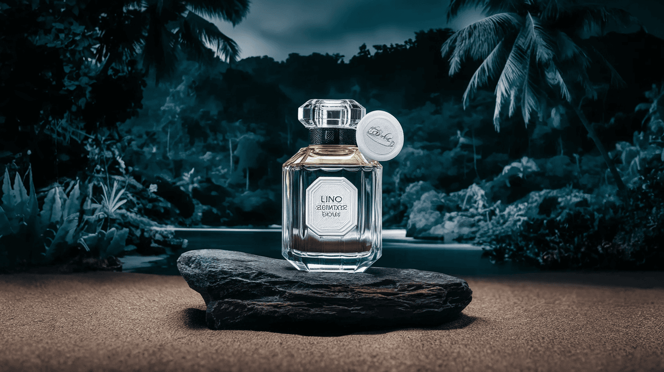 AI generated: luxury perfume bottle on a rock with white empty sticker, ad, brand, over a tropical deep dark backg...