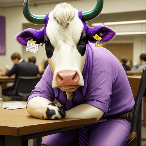 AI generated: Cow wearing a purple tie sitting on a chair at a table, tired, abstract art, in the distance
